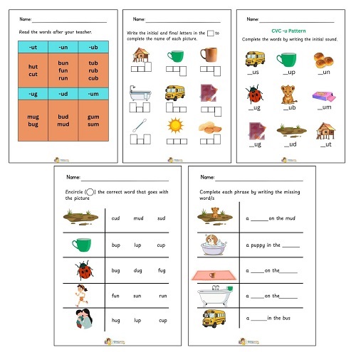 CVC U pattern worksheets