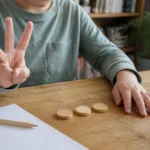Kindergarten child matching three raised fingers to three wooden counters