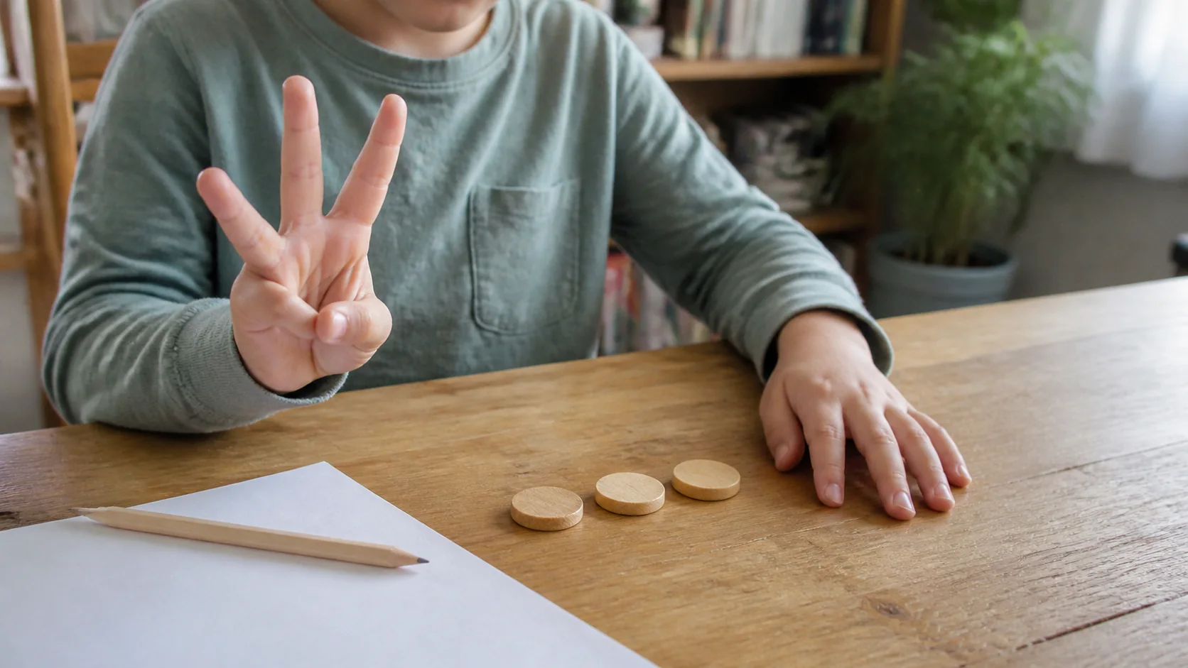 Kindergarten child matching three raised fingers to three wooden counters
