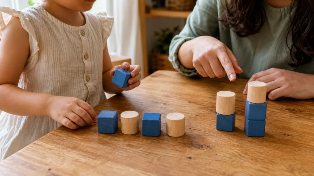 Parent and child exploring patterns and comparing wooden block towers.