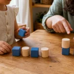 Parent and child exploring patterns and comparing wooden block towers.