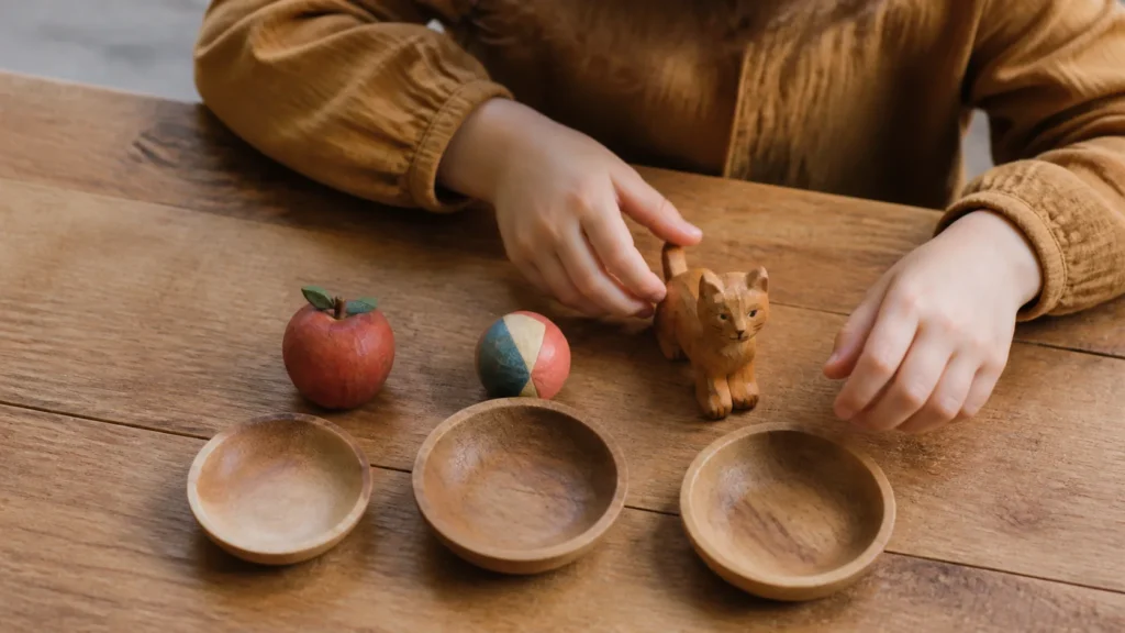 Child sorting an apple, ball and cat for a beginning-sounds activity