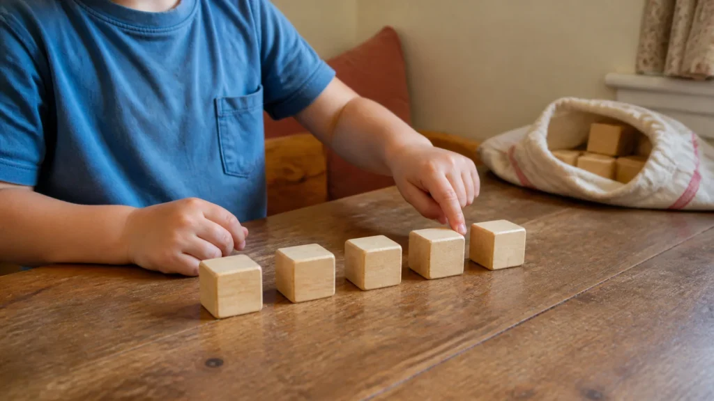 Child using wooden counters to practice the near double fact four plus five