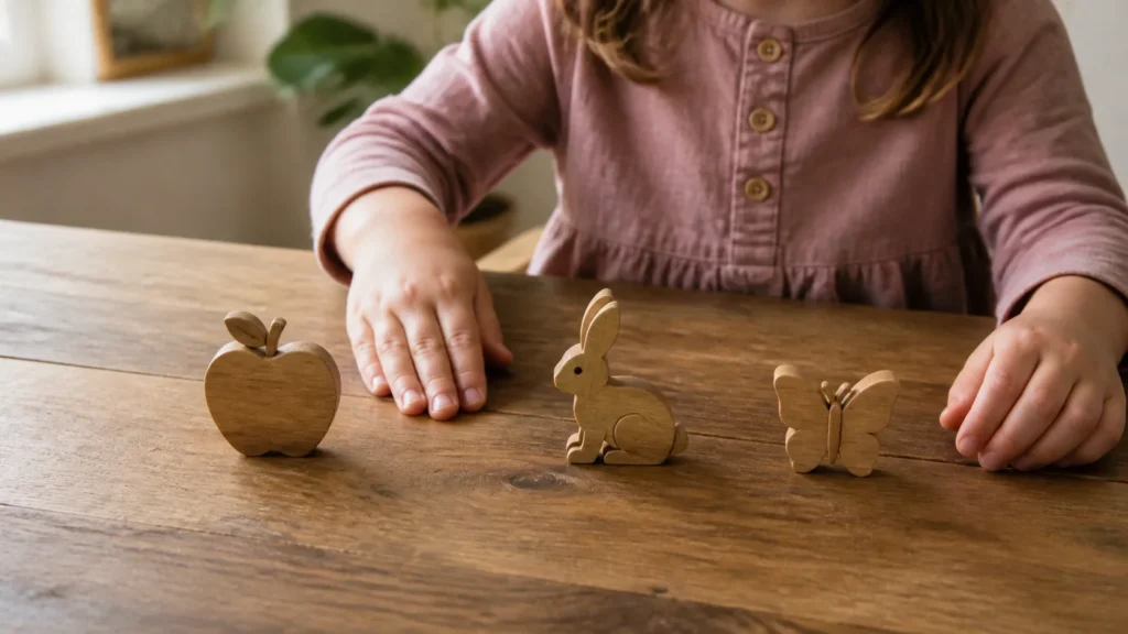 Child tapping syllables beside wooden apple, rabbit and butterfly objects