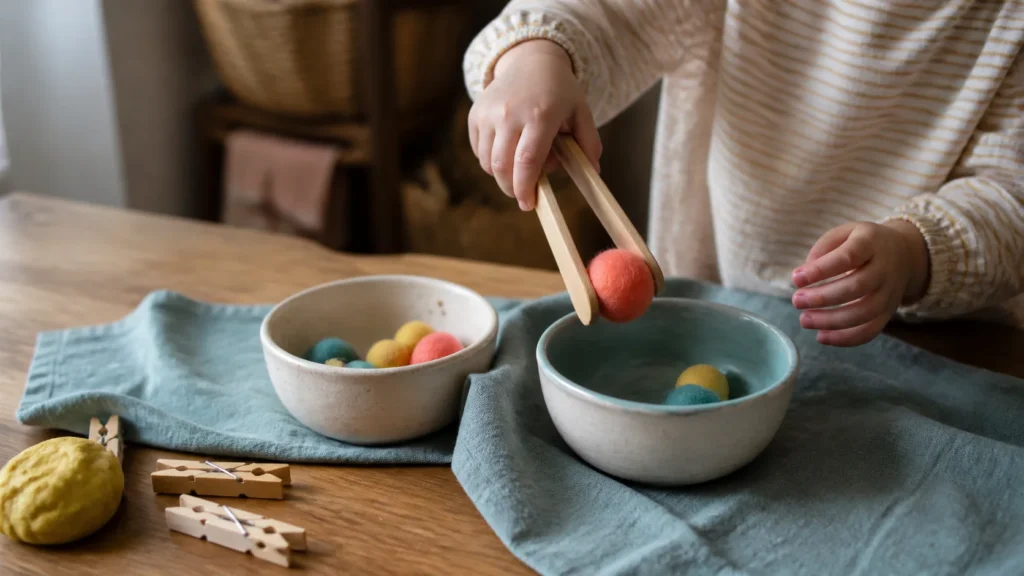 Preschool child practicing fine motor skills with wooden tongs and felt balls