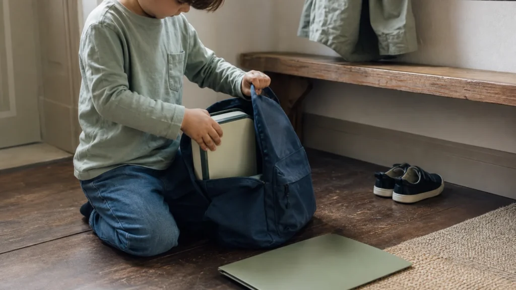 Kindergarten child packing a school bag during a morning routine