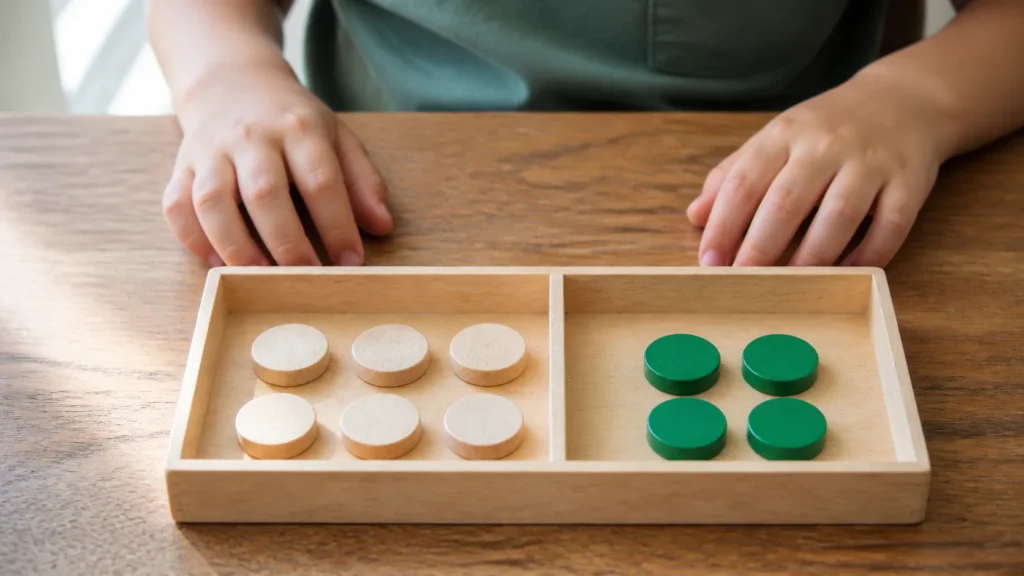 Child sorting six and four counters to make a number bond of ten