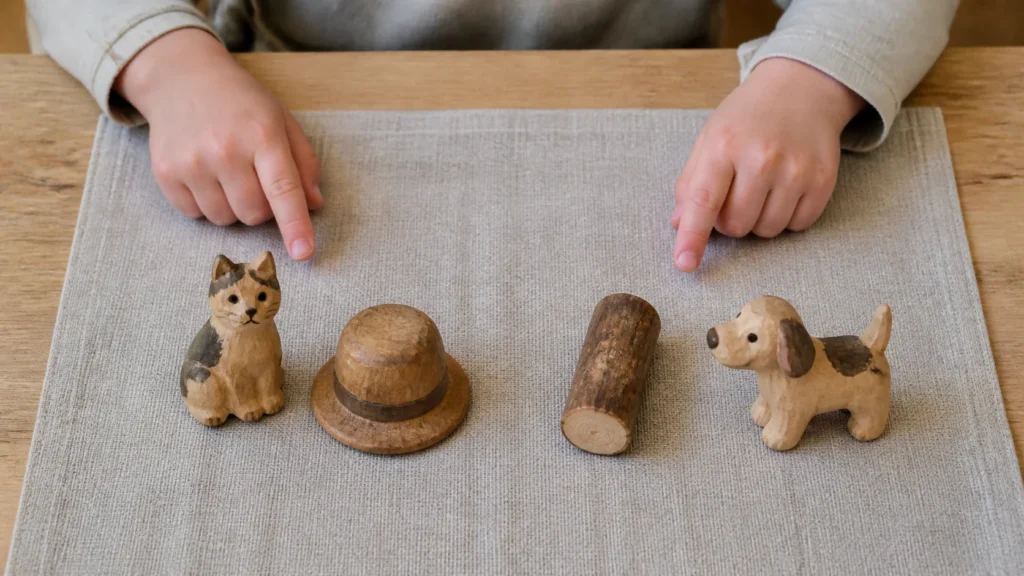 Child matching wooden cat and hat plus log and dog rhyming pairs