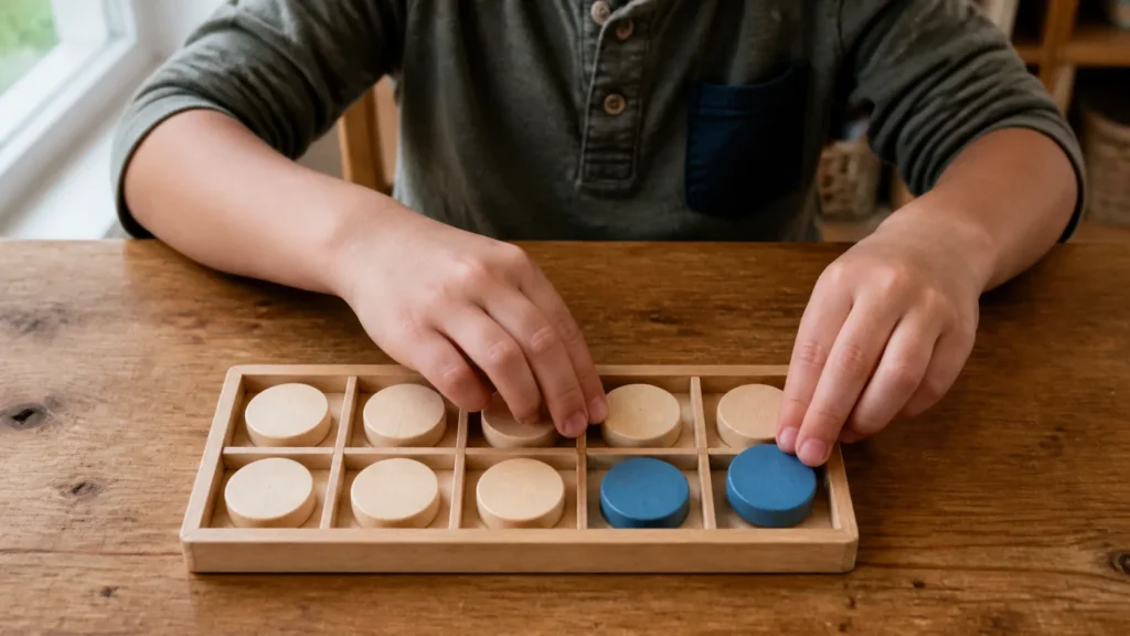 Child completing a ten-frame with two counters for the make ten strategy