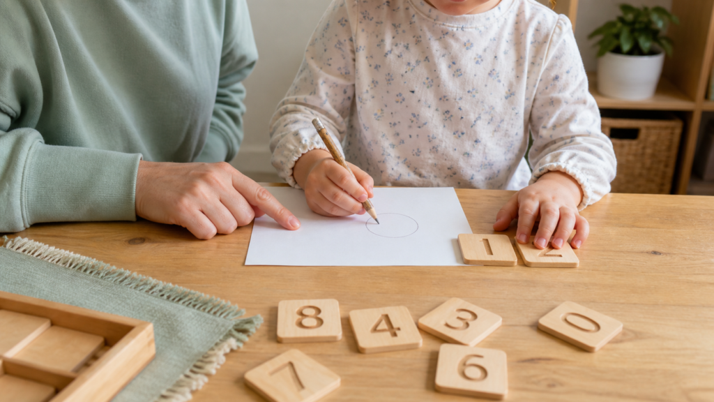 Parent using a kindergarten readiness checklist with a child at home`