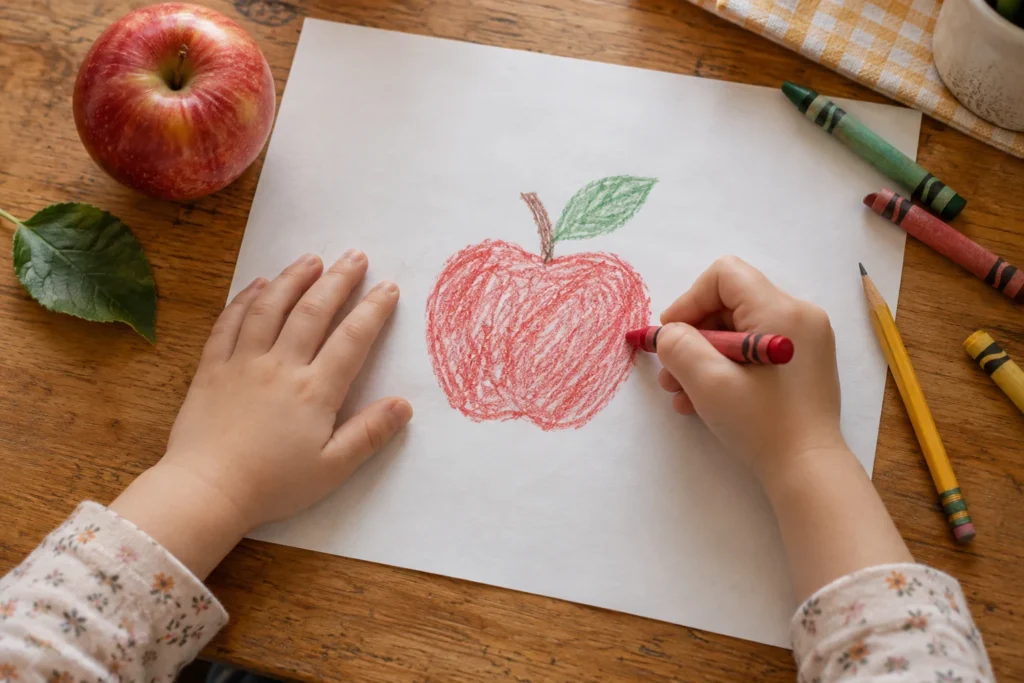 Child coloring a hand-drawn red apple with crayons beside a real apple on a wooden table