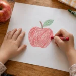 Child coloring a hand-drawn red apple with crayons beside a real apple on a wooden table