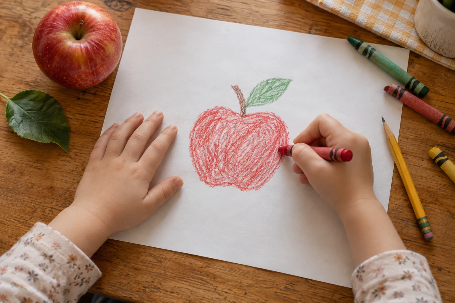 Child coloring a hand-drawn red apple with crayons beside a real apple on a wooden table