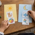 Child sorting handmade picture cards for a beginning-sounds activity on a wooden table