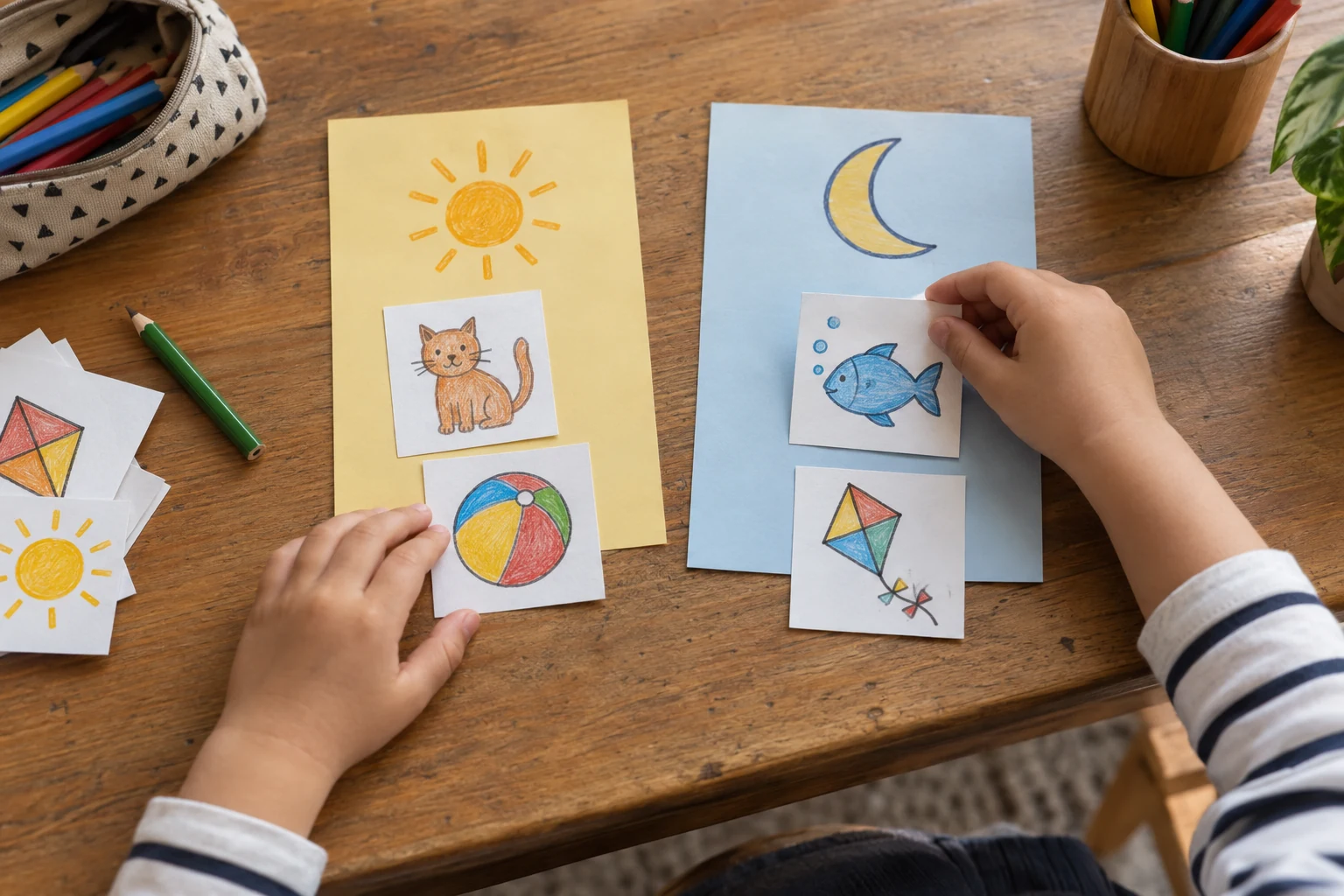 Child sorting handmade picture cards for a beginning-sounds activity on a wooden table