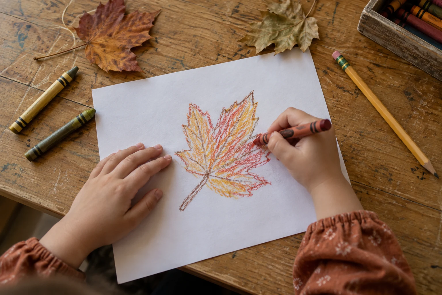 Child coloring a hand-drawn autumn leaf beside real fallen leaves on a wooden table