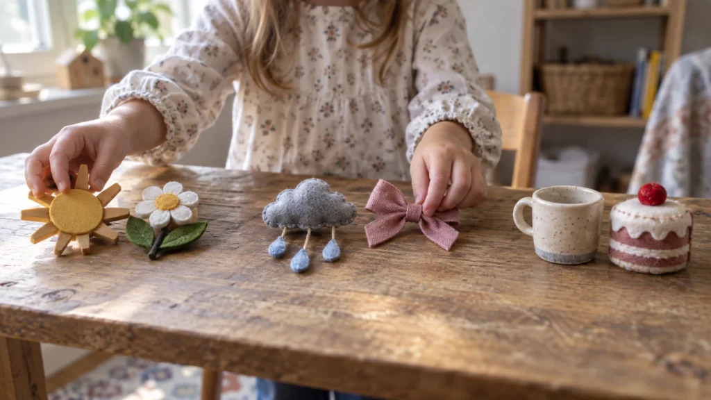 Child pairing handmade sun and flower, rain cloud and bow, and cup and cake objects