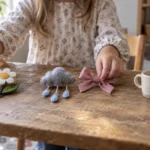 Child pairing handmade sun and flower, rain cloud and bow, and cup and cake objects