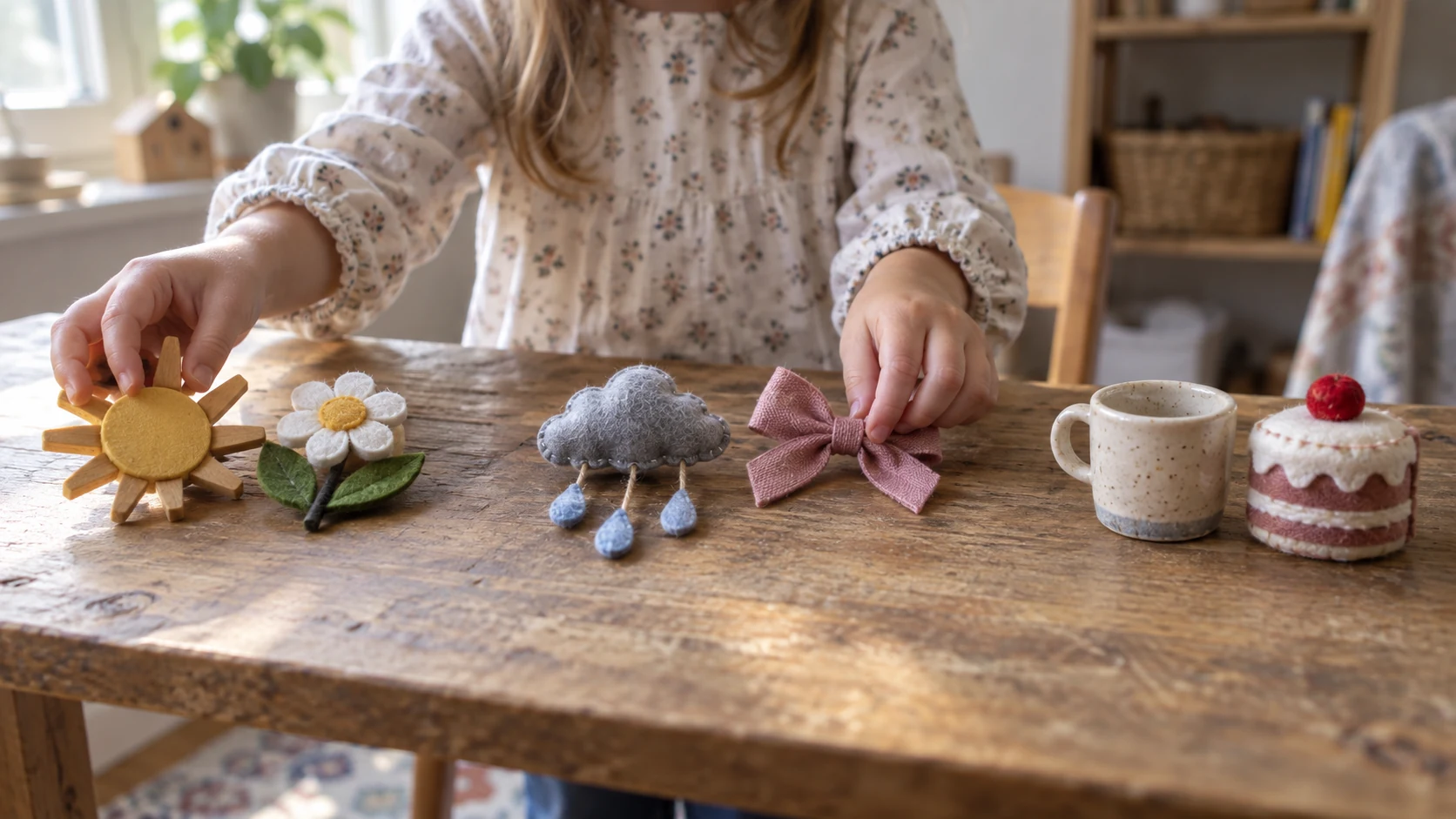 Child pairing handmade sun and flower, rain cloud and bow, and cup and cake objects