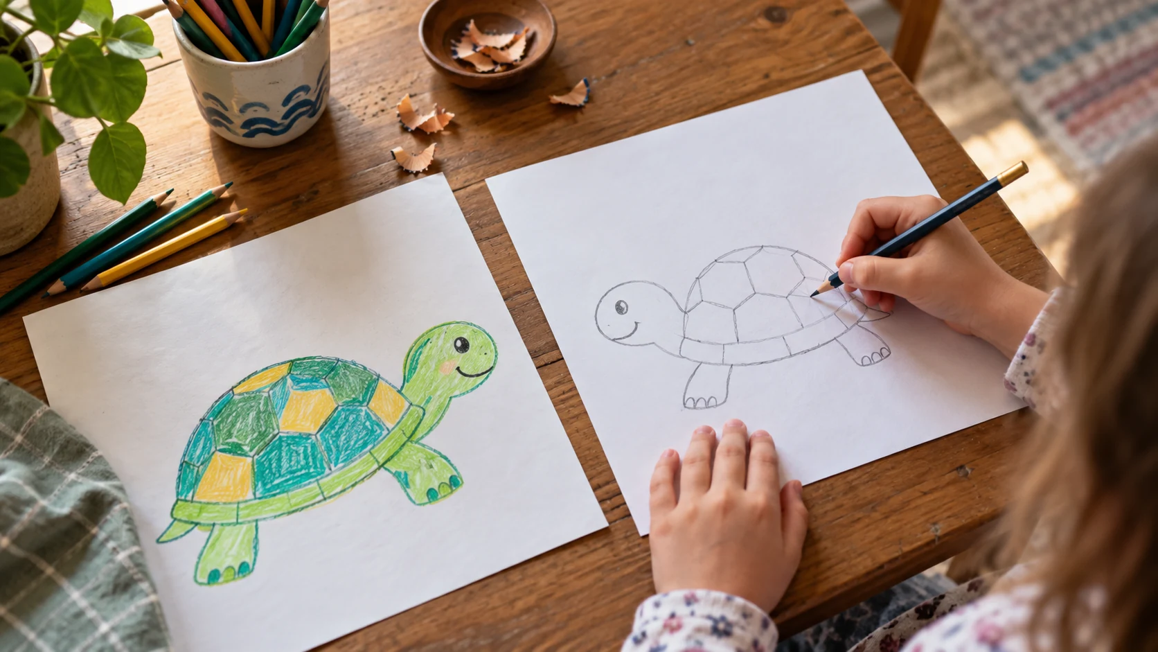 Child drawing and coloring a friendly turtle with pencils at a wooden table