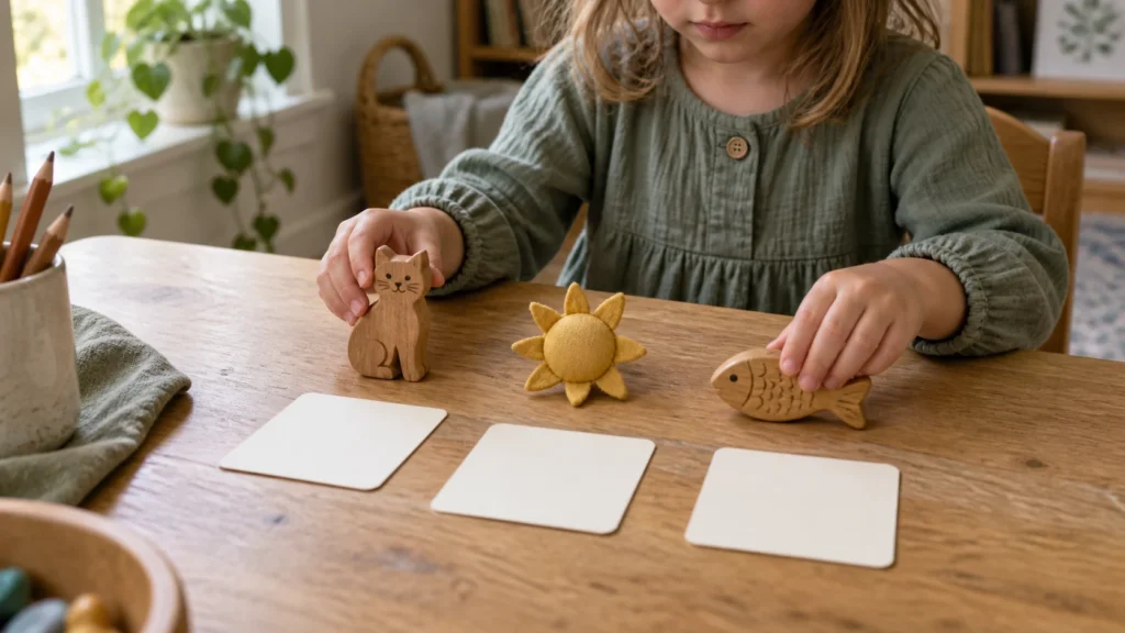 Child using a wooden cat, felt sun and wooden fish for an ending-sounds activity