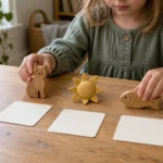 Child using a wooden cat, felt sun and wooden fish for an ending-sounds activity