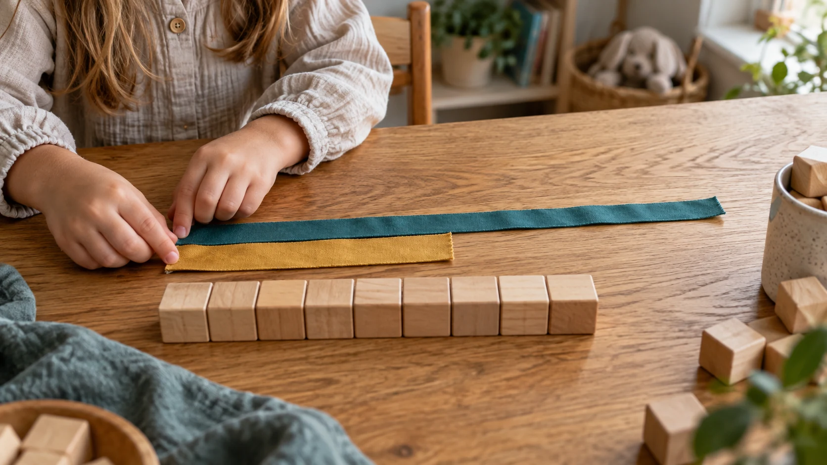 Child aligning a long teal ribbon and short gold ribbon beside wooden measuring cubes