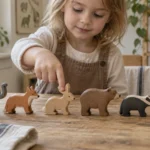 Child pointing to the third animal in a row of six wooden animals
