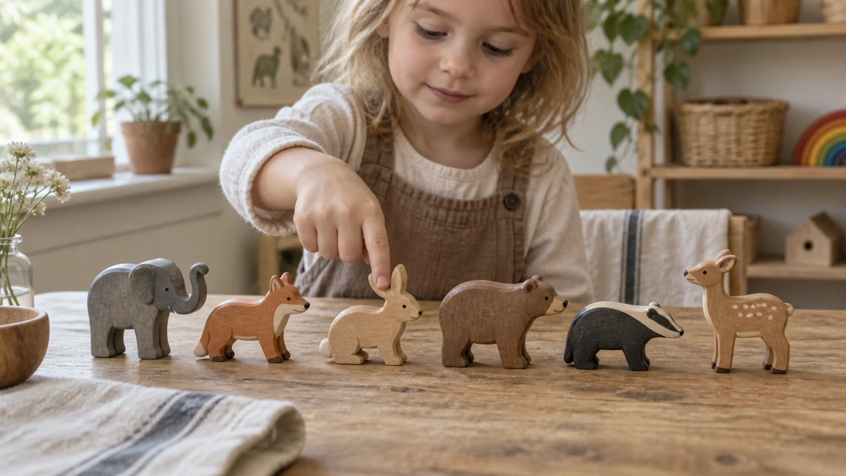 Child pointing to the third animal in a row of six wooden animals