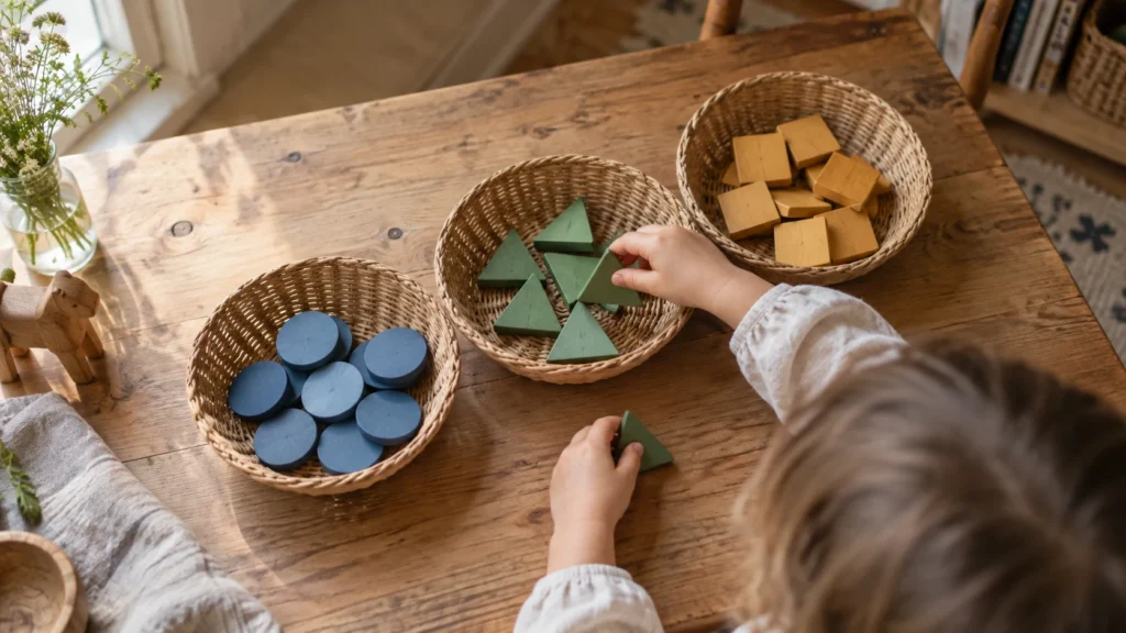Child sorting blue circles, green triangles and wooden squares into baskets