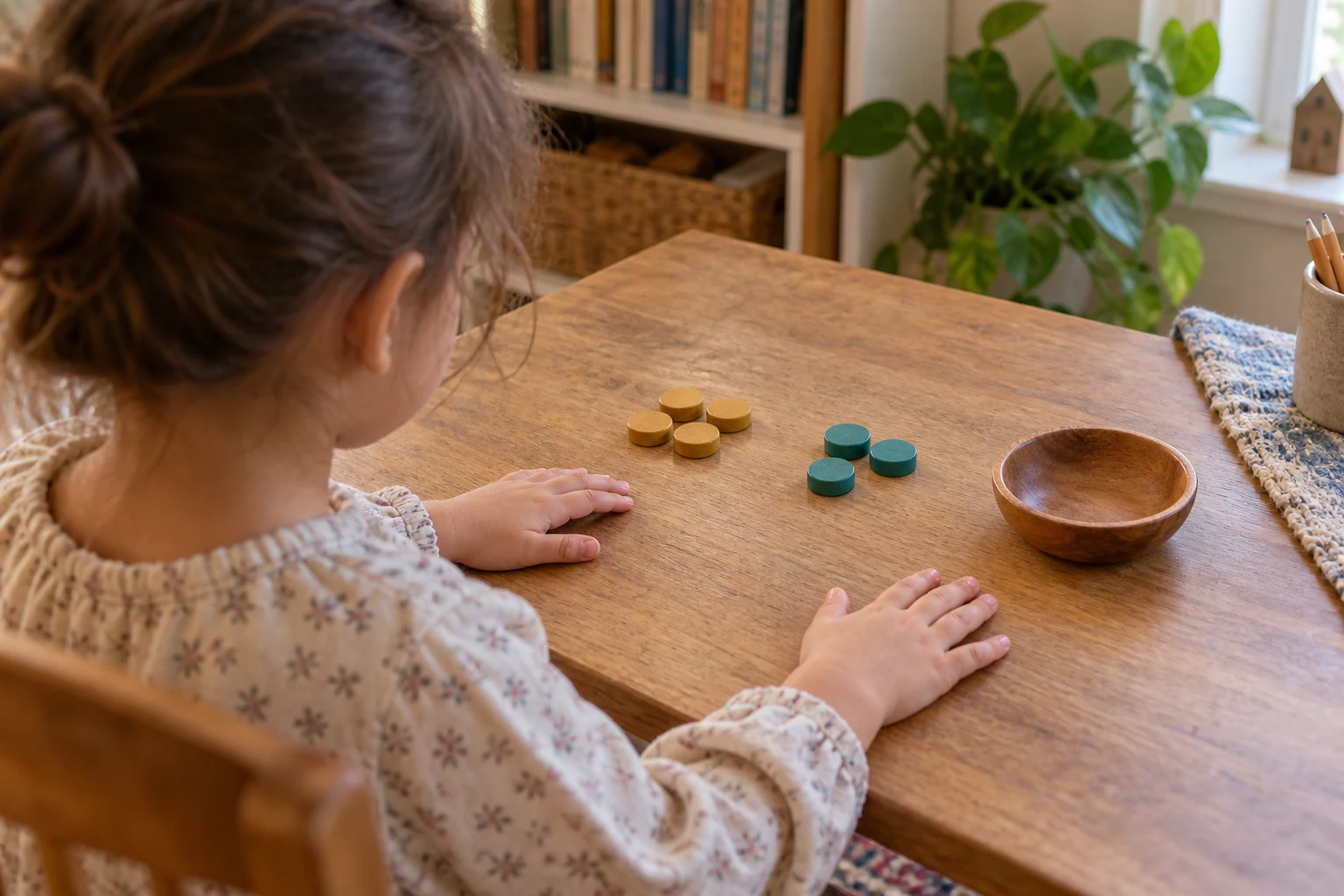 Child keeping both hands flat while mentally combining four gold counters and three teal counters