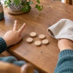 Child showing two fingers while the other hand is hidden under a cloth beside five wooden counters