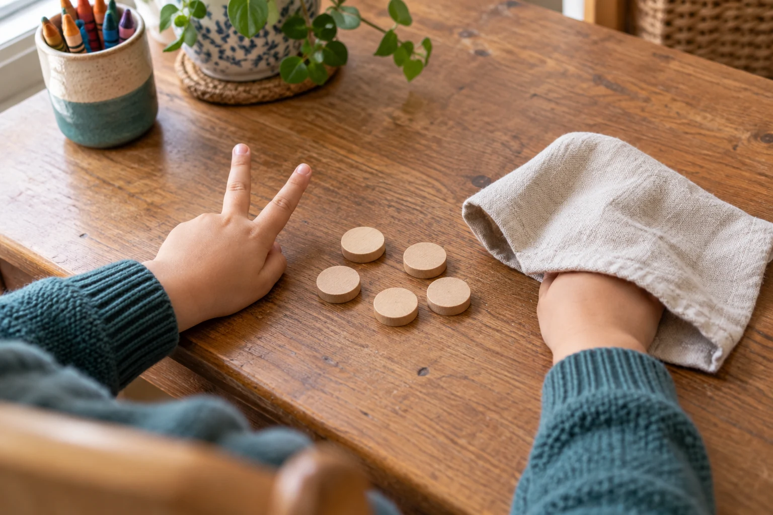 Child showing two fingers while the other hand is hidden under a cloth beside five wooden counters