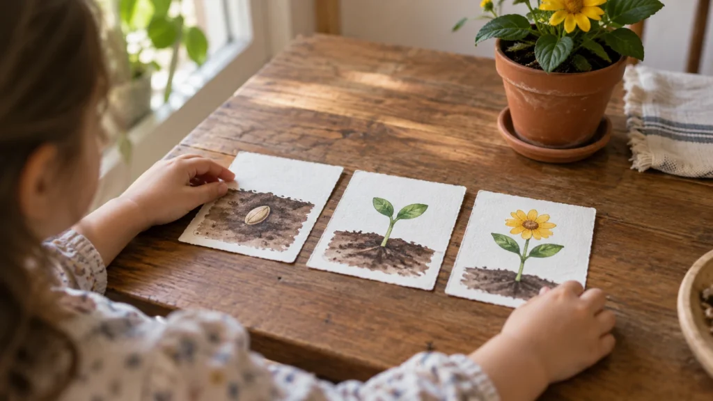 Child arranging seed, sprout and flower picture cards in story order