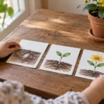 Child arranging seed, sprout and flower picture cards in story order