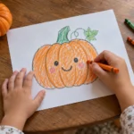 Child coloring a smiling hand-drawn pumpkin beside a small real pumpkin on a wooden table