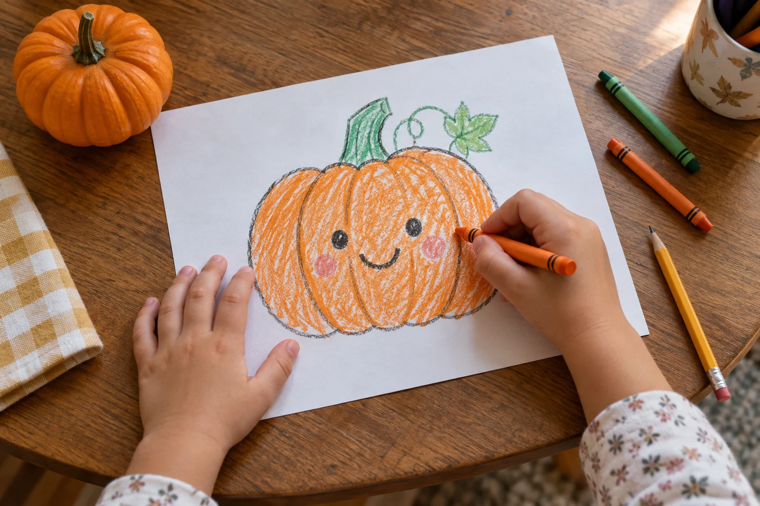 Child coloring a smiling hand-drawn pumpkin beside a small real pumpkin on a wooden table