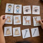 Kindergarten child matching handmade picture cards that represent rhyming Filipino words