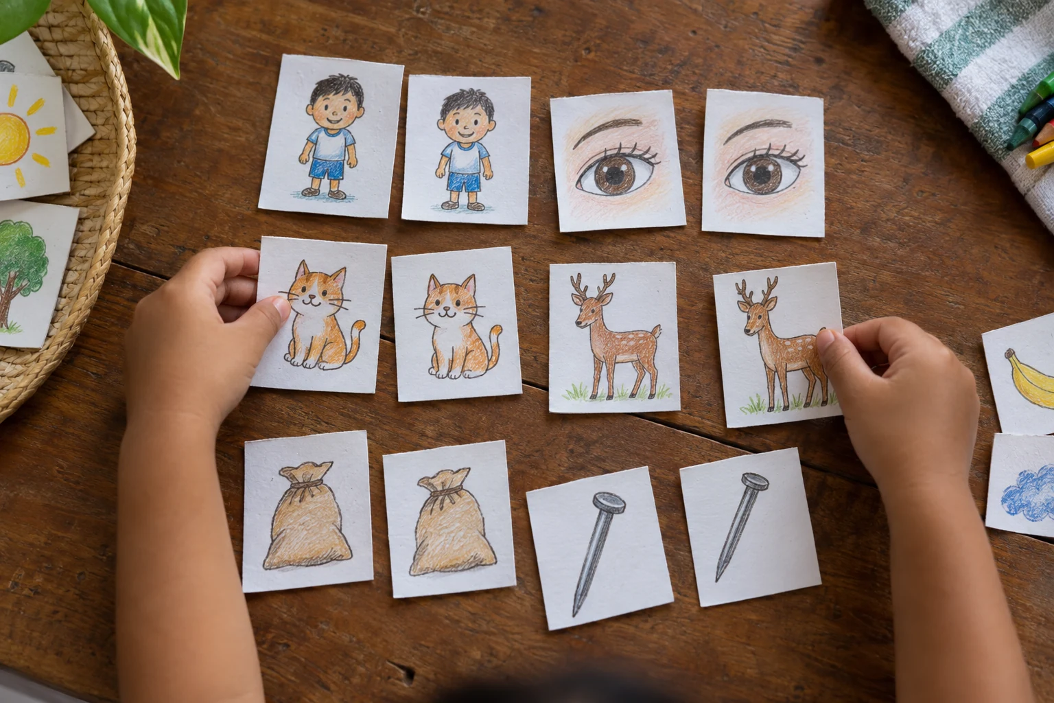 Kindergarten child matching handmade picture cards that represent rhyming Filipino words