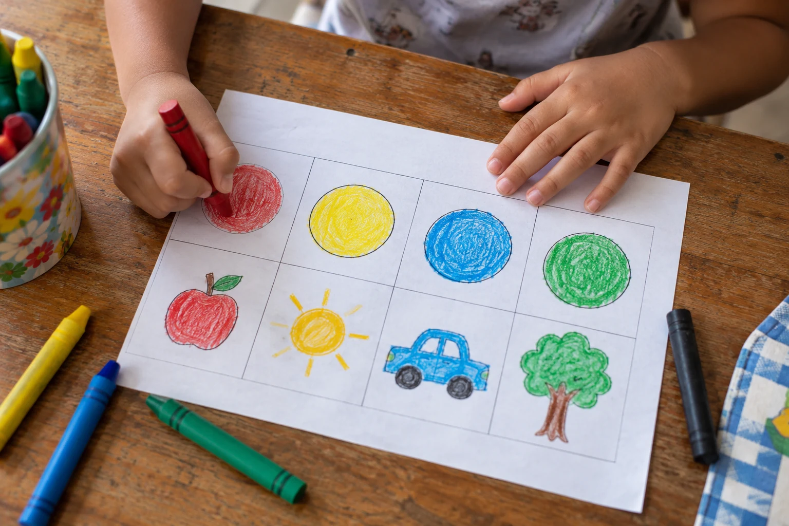 Kindergarten child coloring everyday objects with red, yellow, blue, green, and black crayons