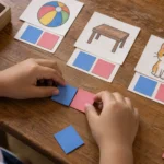 Kindergarten child combining paper tiles beside picture cards during a Filipino syllable lesson