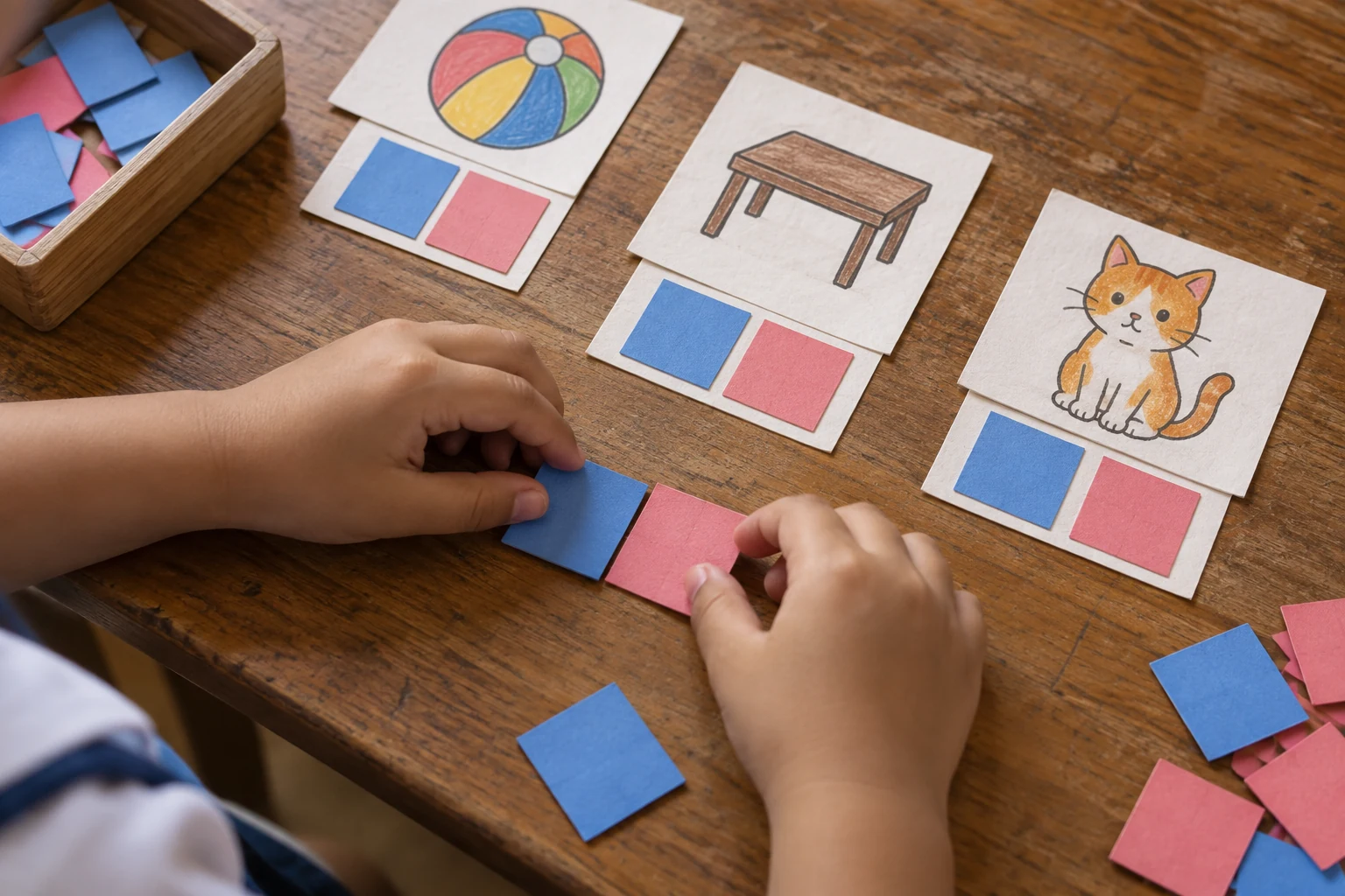 Kindergarten child combining paper tiles beside picture cards during a Filipino syllable lesson