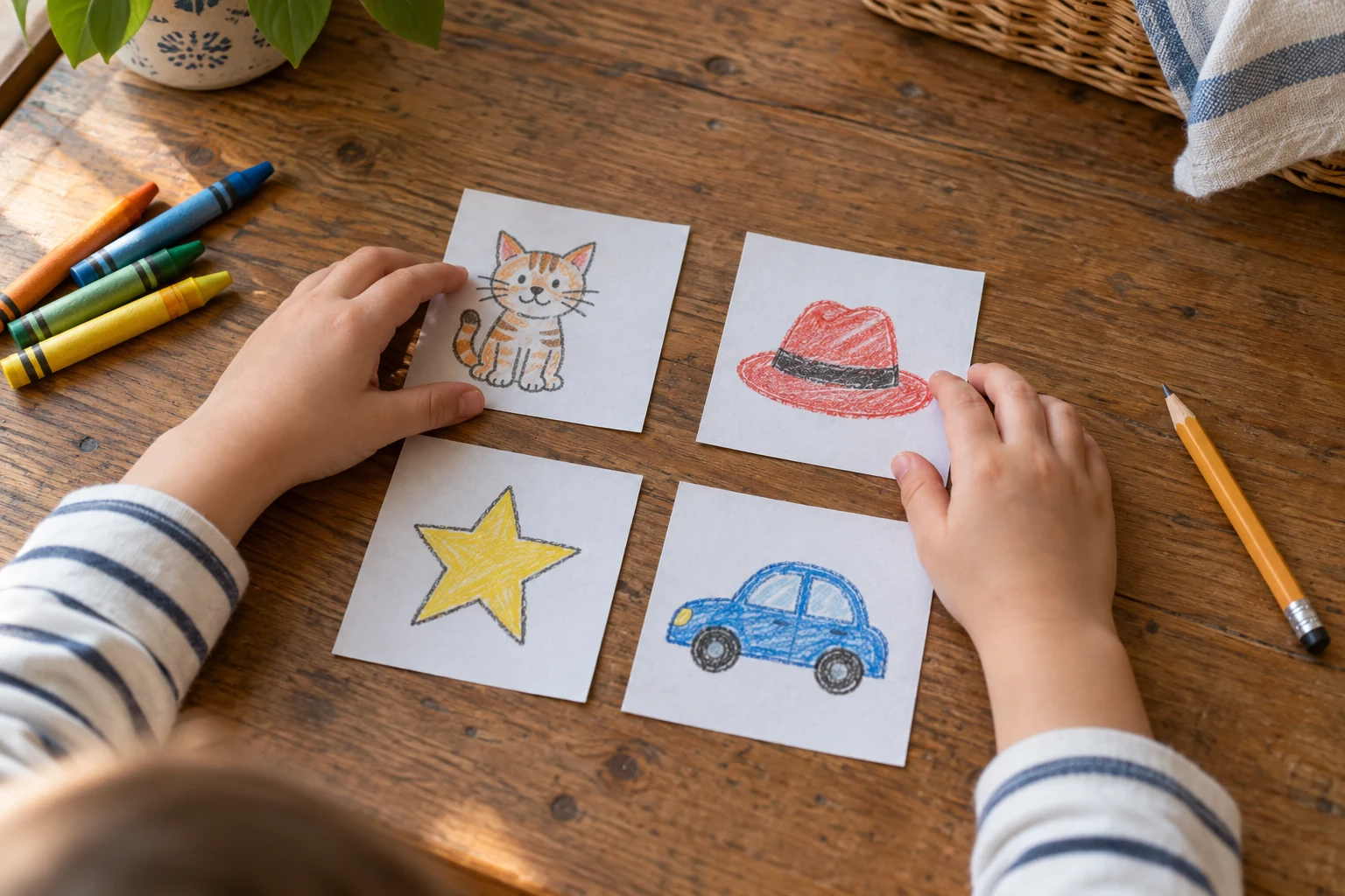 Child matching handmade cat and hat cards with star and car rhyming picture cards