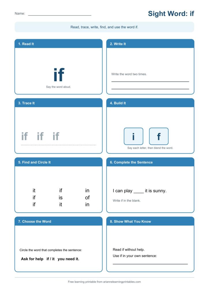 Sight word if worksheet with reading, tracing, writing, sentence, and mastery activities