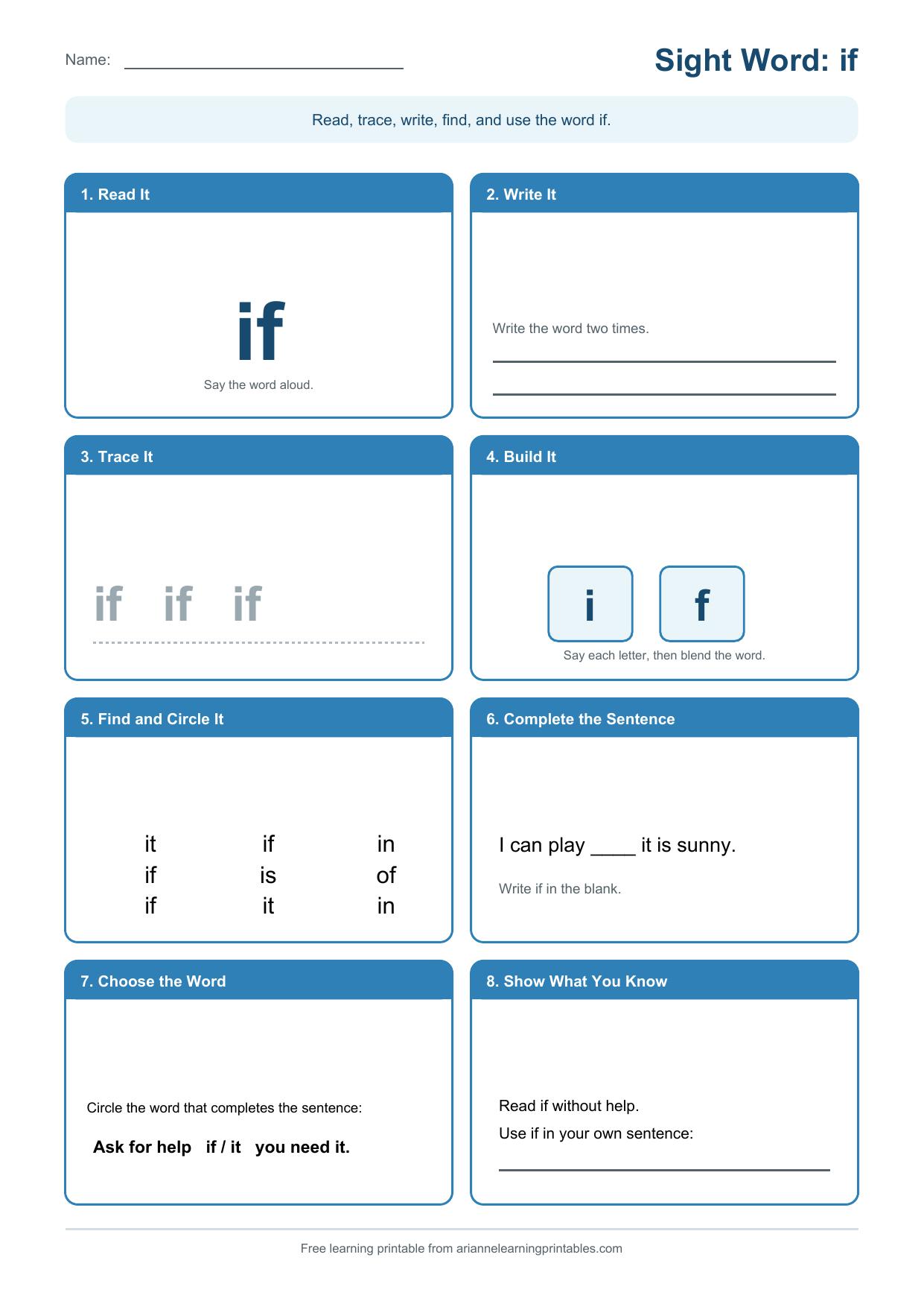 Sight word if worksheet with reading, tracing, writing, sentence, and mastery activities