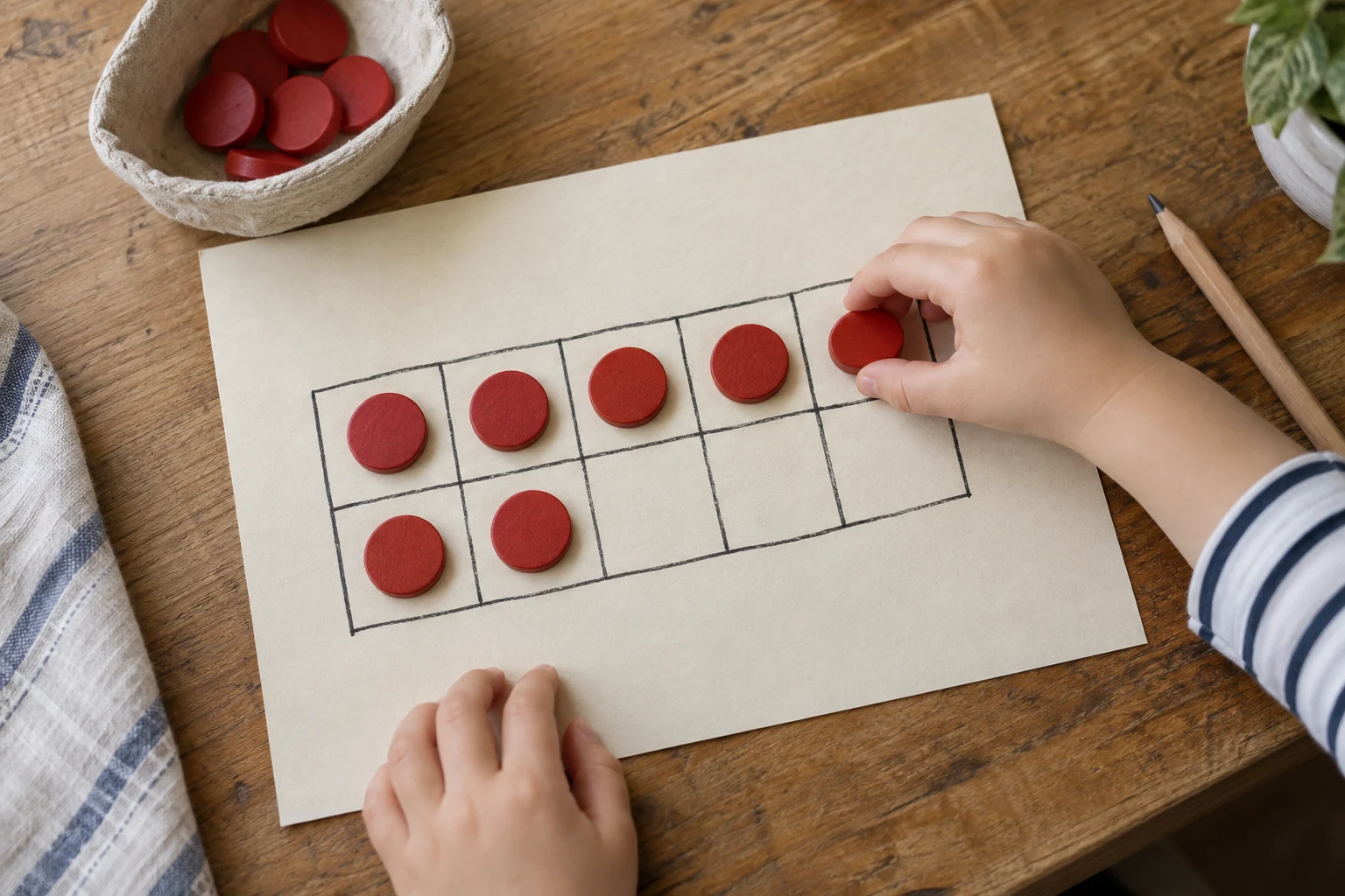 Child placing seven red wooden counters in a handmade ten-frame with three spaces remaining