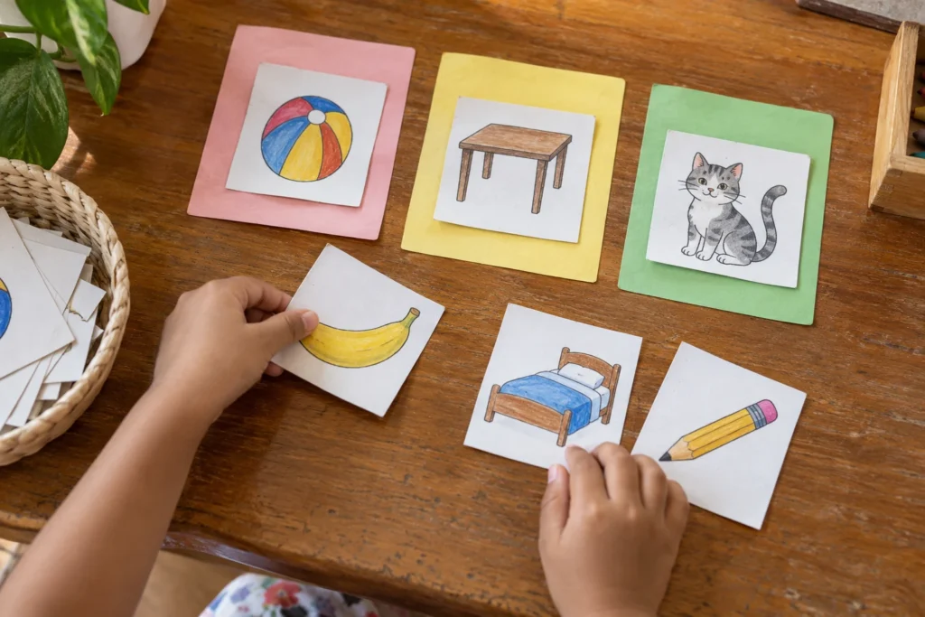 Kindergarten child sorting handmade Filipino beginning-sound picture cards on a wooden table