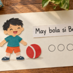 Batang nagbabasa ng payak na pangungusap tungkol sa isang bola para sa pagsasanay sa pag-unawa