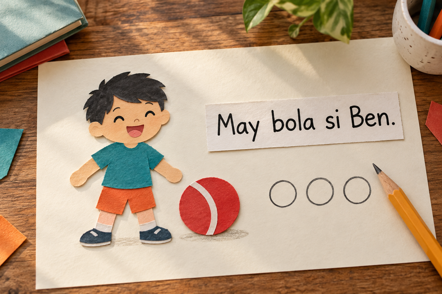 Batang nagbabasa ng payak na pangungusap tungkol sa isang bola para sa pagsasanay sa pag-unawa
