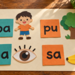 Mga kard ng unang pantig na ipinares sa mga larawang pamilyar sa batang nag-aaral